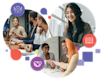 Three circles of people co-working together harmoniously depicting our values of Care, Grit and Learning.