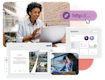 A woman using a laptop with auto-detected links, statistics and Article builder around.